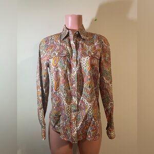 Talbots women's‎ SZ 8 Red/Orange Neutrals Casual Button Down Shirt Paisley Print